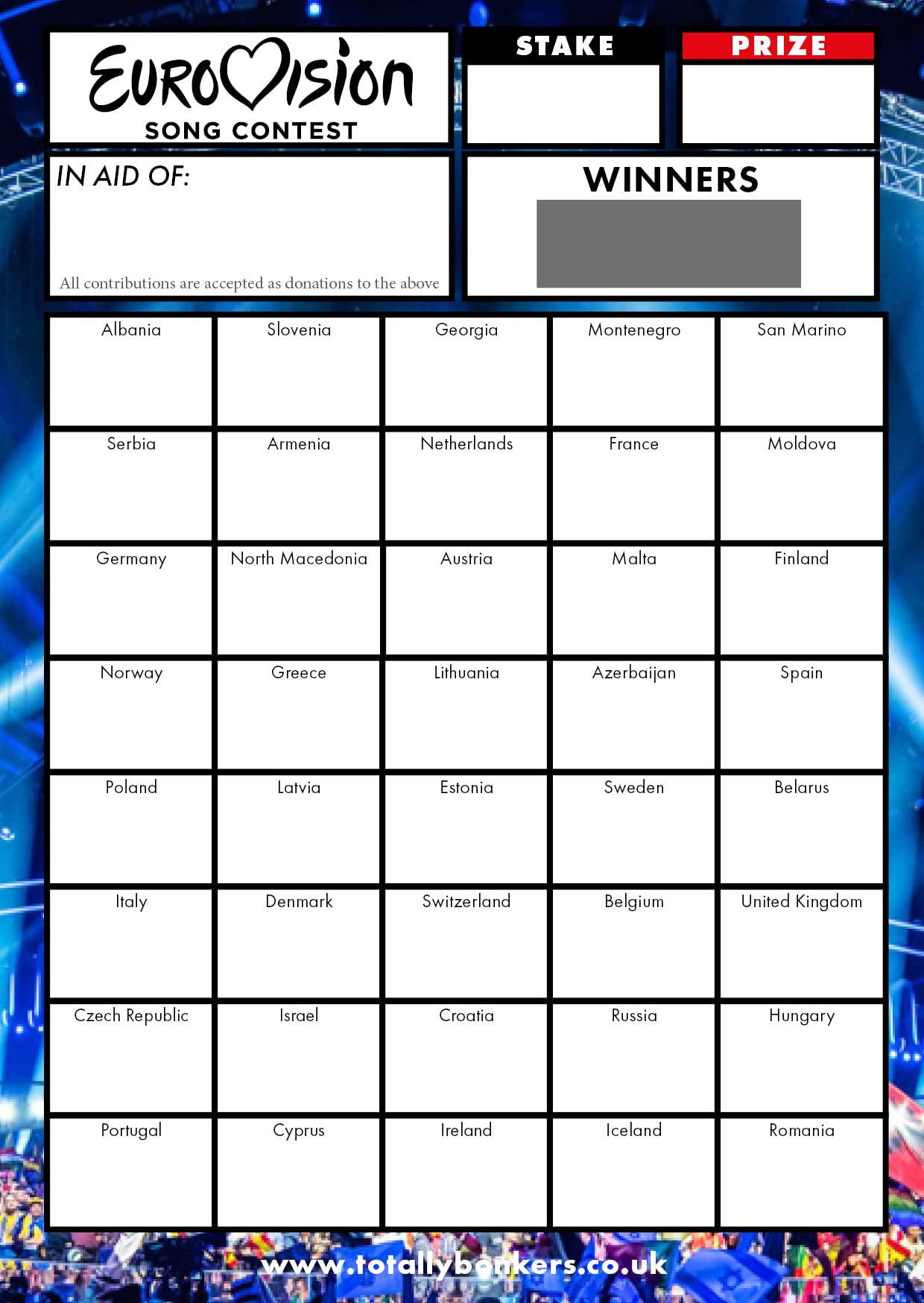 Totally Bonkers - Eurovision Fundraising Scratch Cards - 40 Square - A6 (148x105mm) -10 Pack - TB0031 - Blind Card