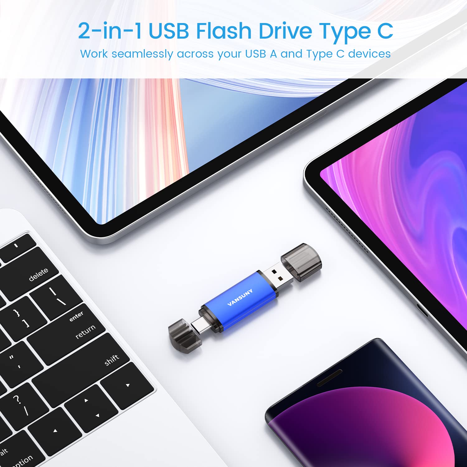 Vansuny 64GB 5 Pack USB Type-C Flash Drives 2-in-1 Dual Flash Drive USB A + USB C OTG Flash Drive for Android Smartphone Tablet Computer Laptop (Blue)