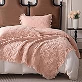 BOV Queen Quilt Set with 2 Pillow Shams, Stonewashed Fringed Edges Cotton Quilt Queen Bedspreads Full Size Bedding Sets, Quilted Cotton Coverlet Full Size Comforter Set All Season, Light Pink 96"X92"
