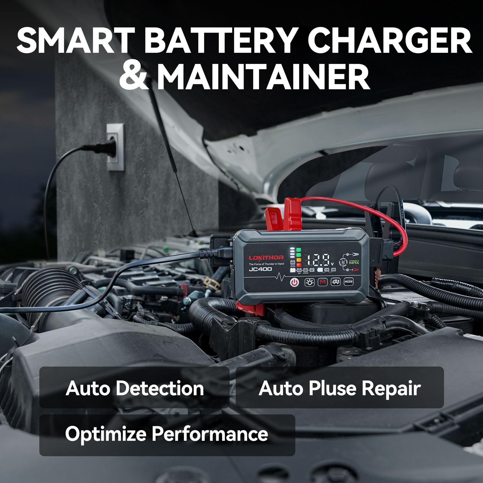 LOKITHOR JC400 9-in-1 Jump Starter and Battery Charger, 2500A 12V Portable Jump Box for Upto 8.5L Gas/6.5L Diesel, 750mA/1A/2A, 6V/12V Automotive Battery Maintainer, Trickle Charger and Desulfator