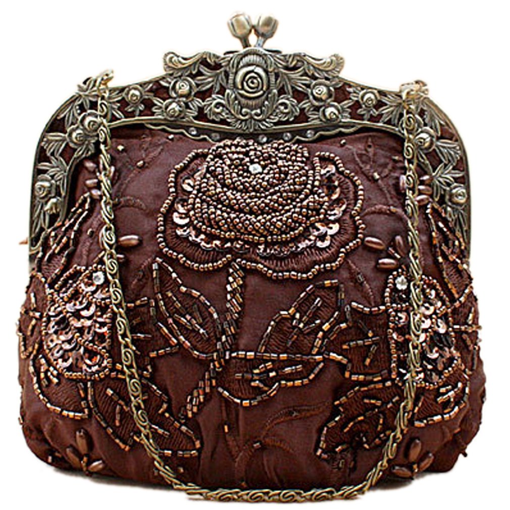 Belsen Women's Vintage Beaded Sequin Flower Evening Handbags (Brown)