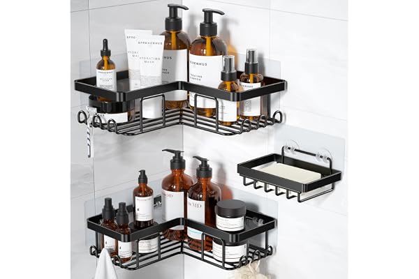 YASONIC Corner Adhesive Shower Caddy, with Soap Holder and 12 Hooks, Rustproof Stainless Steel Bathroom Organizer, No Drillin