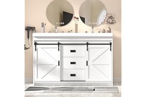 Double Sink Bathroom Vanity Set 48 Inch White Farmhouse Barn Door Vanity, Solid Wood, 3 Drawers & 2 Sliding Doors, Freestandi