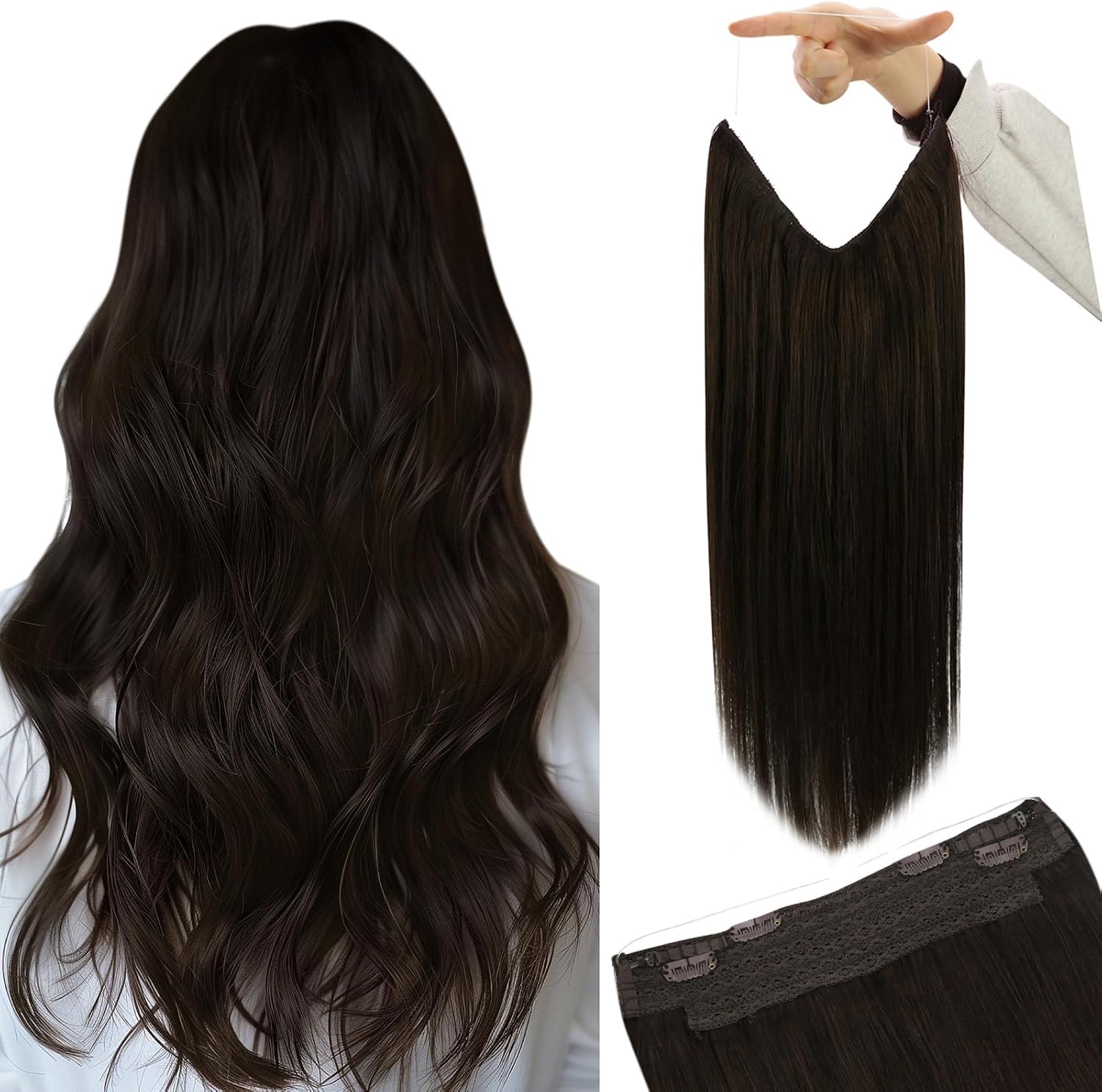 YoungSee Wire Hair Extensions Brown Human Hair Wire Extensions Darkest Brown Blend Naturally One Piece Hair Extensions Real Human Hair Silky Straight 80G 16Inch