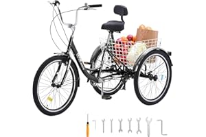 VEVOR Adult Tricycles Bike, 7 Speed Adult Trikes, 26 Inch Three-Wheeled Bicycles, Carbon Steel Cruiser Bike with Basket and A