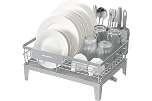 SONGMICS Dish Drying Rack, Kitchen Dish Rack, with Drainboard, 360° Rotatable and Extendable Spout, with Cutlery Holder, 31 x