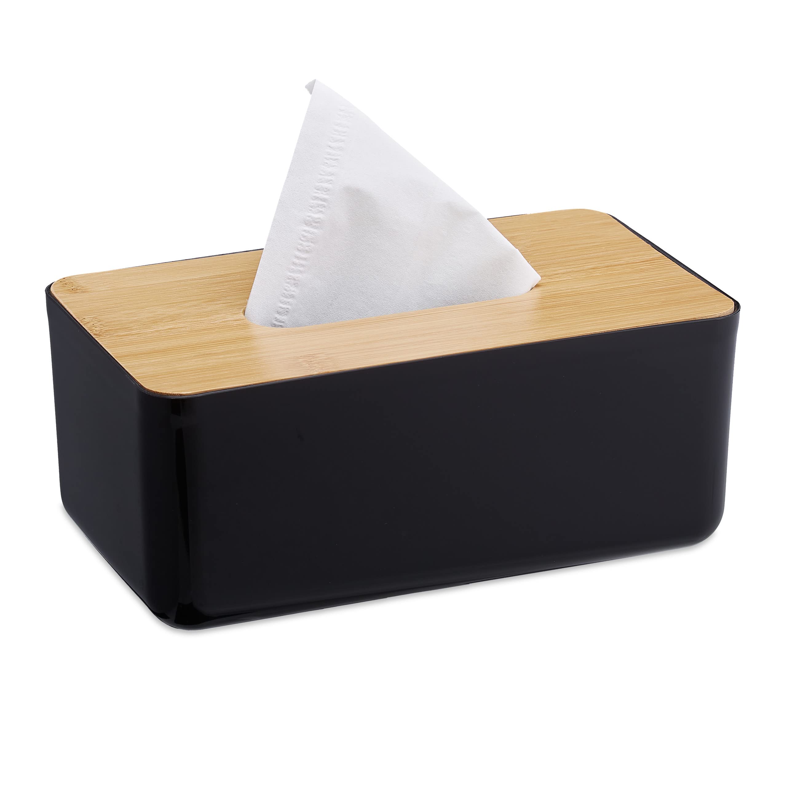Relaxdays Tissue Box for The Bathroom, Plastic, Wooden Lid, Refillable, 10 x 23 x 13 cm, Dispenser, Wipe Holder, Black