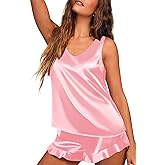 Ekouaer Womens Silk Pajamas Set 2 Piece Satin Camisole Pjs V Neck Tank Top and Shorts with Ruffle Sleepwear