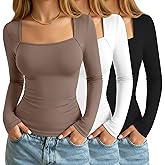 Velvelhall 3 Pack Women's Square Neck Long Sleeve Tops, Double Lined Slim Fit Shirts Basic Trendy Going Out T Shirts