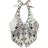 OYOANGLE Women's Floral Boho Summer Halter Crop Tops Embroidery Vacation Tank Top Tie Backless Vintage Going Out Tops