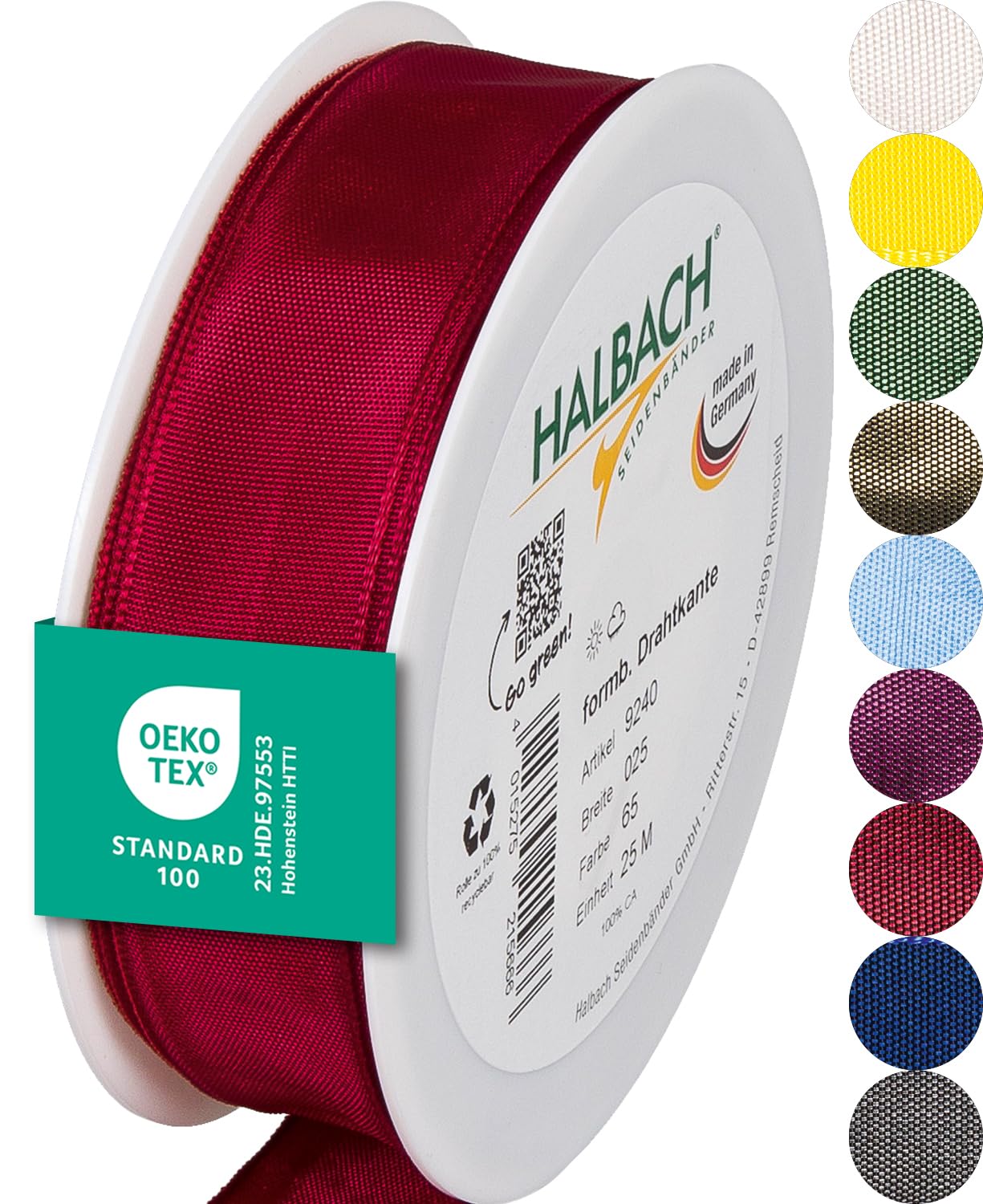 Halbach Seidenbänder Premium Gift Ribbon with Wired Edge | Width 25 mm Length 25 m | Oeko-Tex 100 Certified Taffeta Ribbon Made in Germany, Colour: Wine Red — image 1
