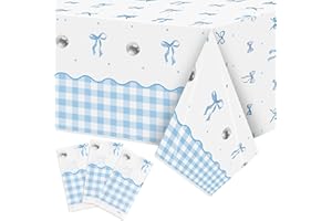 ArianQicult Coquette Blue Bow Party Tablecloths - 3Pcs Watercolor Blue Bow Birthday Table Cover, Disposable Plastic Rectangular Table Cloth Party Decorations for Birthday Baby Shower Wedding Supplies