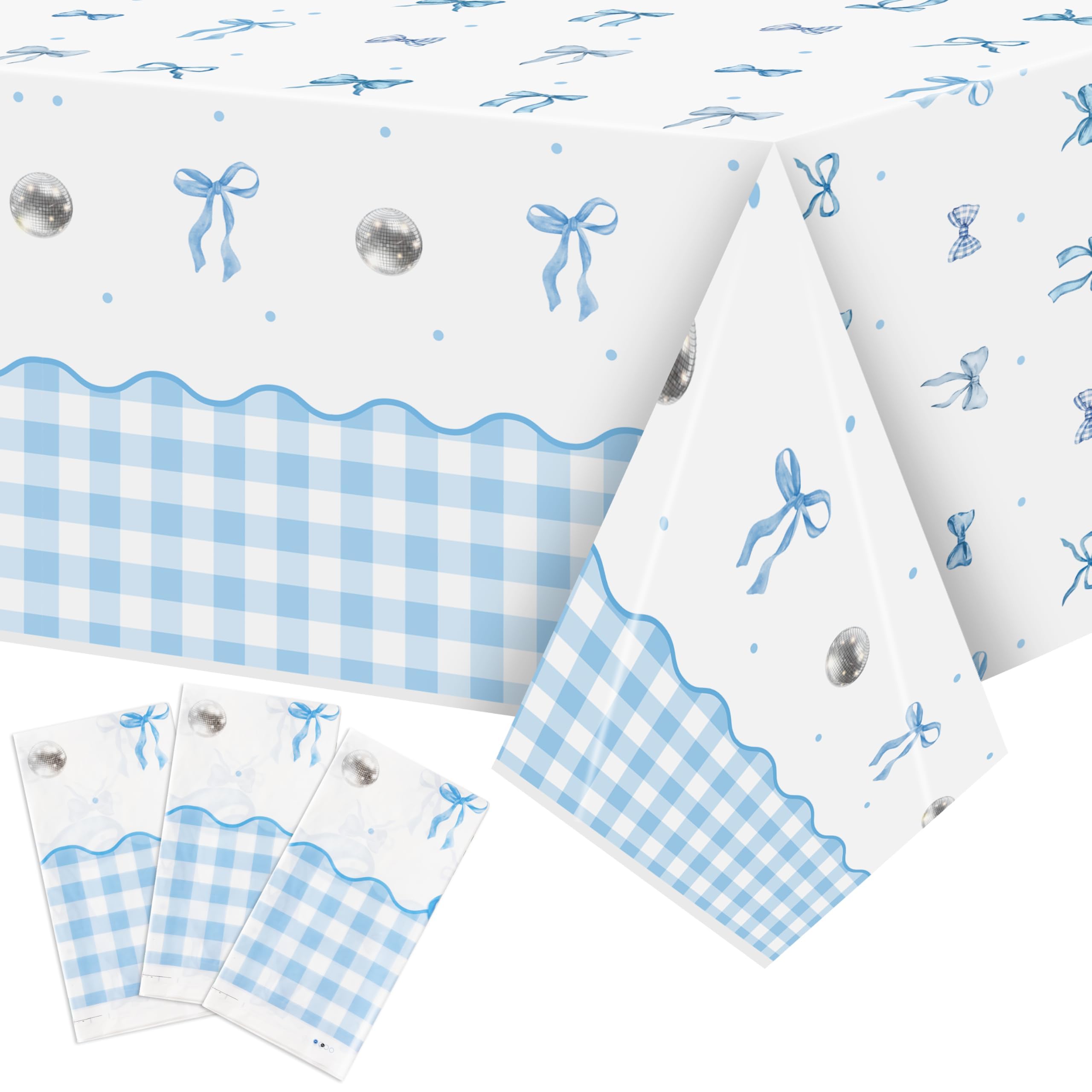 Photo 1 of ArianQicult Coquette Blue Bow Party Tablecloths - 3Pcs Watercolor Blue Bow Birthday Table Cover, Disposable Plastic Rectangular Table Cloth Party Decorations for Birthday Baby Shower Wedding Supplies