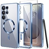 Magnetic Case Compatible with Samsung Galaxy S25 Ultra,Compatible with MagSafe,[Full Camera Protection][Screen Protector]Shockproof Plating Clear Phone Cover for Galaxy S25 Ultra 6.9 Inch(Blue/Clear)