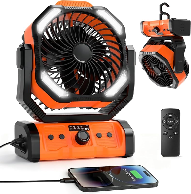 20000mAh Camping Ventilator, Wiederaufladbarer Tischventilator USB Ventilator mit LED Licht & Haken, 270° Drehung mit Fernbedienung, Clip Fan für Outdoor Camping Stromausfall Angeln (Orange)