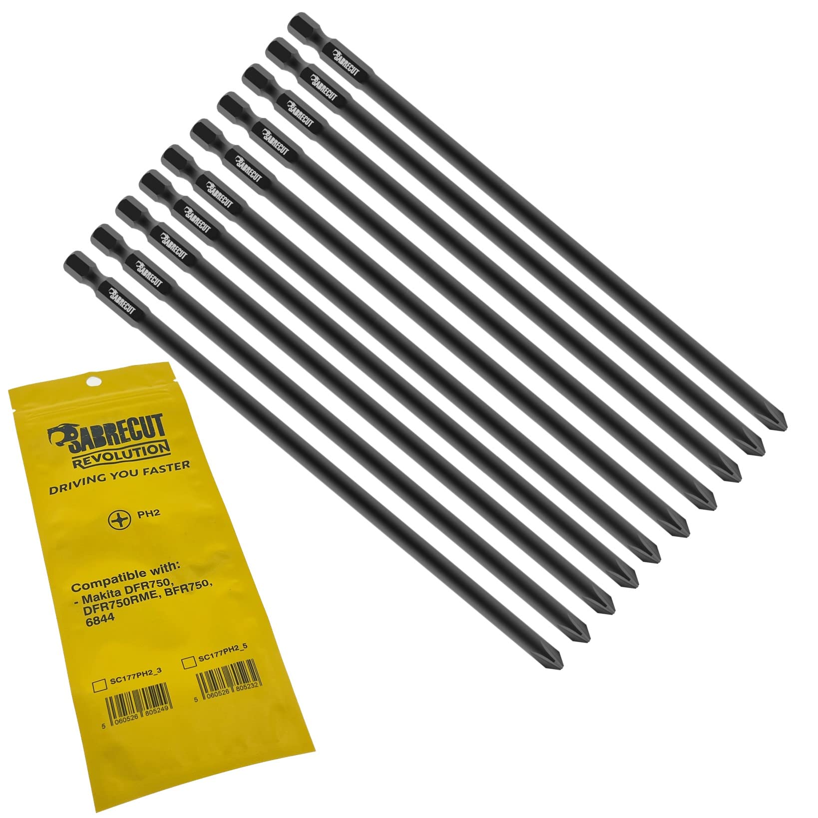 10 x SabreCut SC177PH2_10 177mm PH2 Compatible with Makita DFR750 DFR750RME BFR750 6844 P-67804 Autofeed Collated Drywall Screwdriver Gun Bit Single Ended Phillips No.2 Heavy Duty