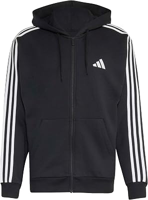 Herren Essentials 3-Stripes French Terry Full-Zip Hoodie Sweatshirt, Black/White, M