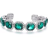BriLove Women's Wedding Bridal Multi Emerald Cut Crystal Open Bangle Stretch Bracelet