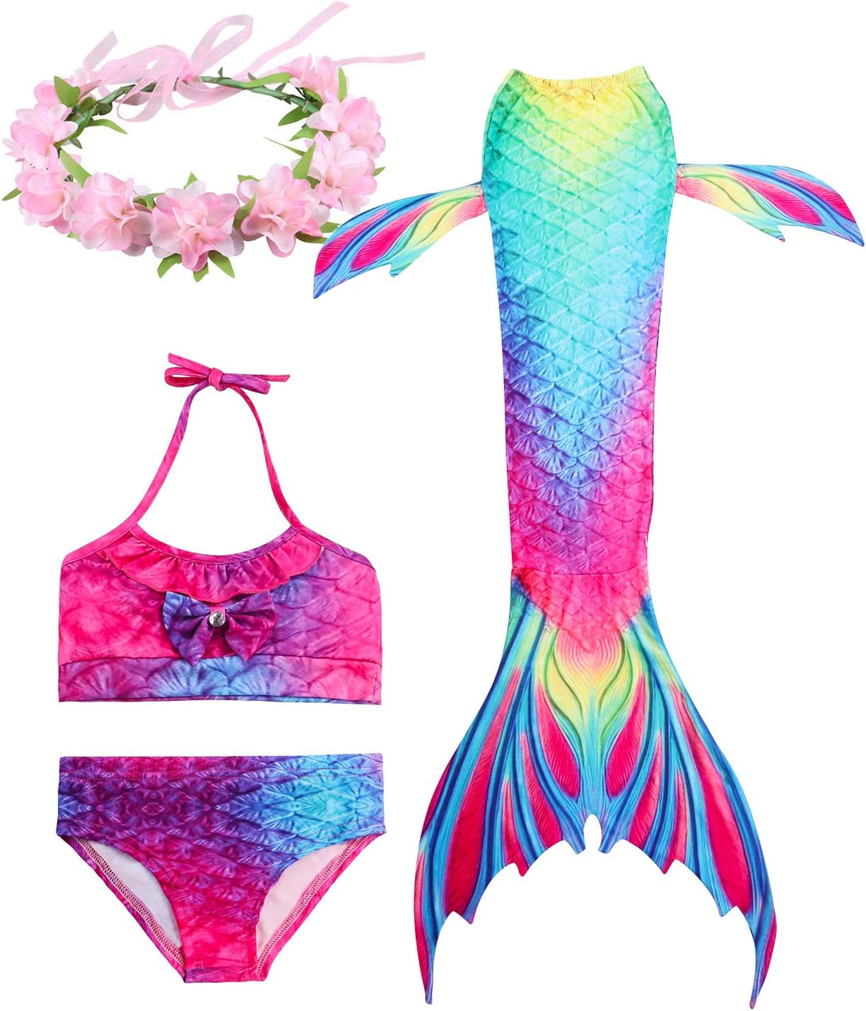 Kids Girls Mermaid Swimming Costume Included 3PCS Swimmable Bikini Swimsuit and Flower Garland Headband
