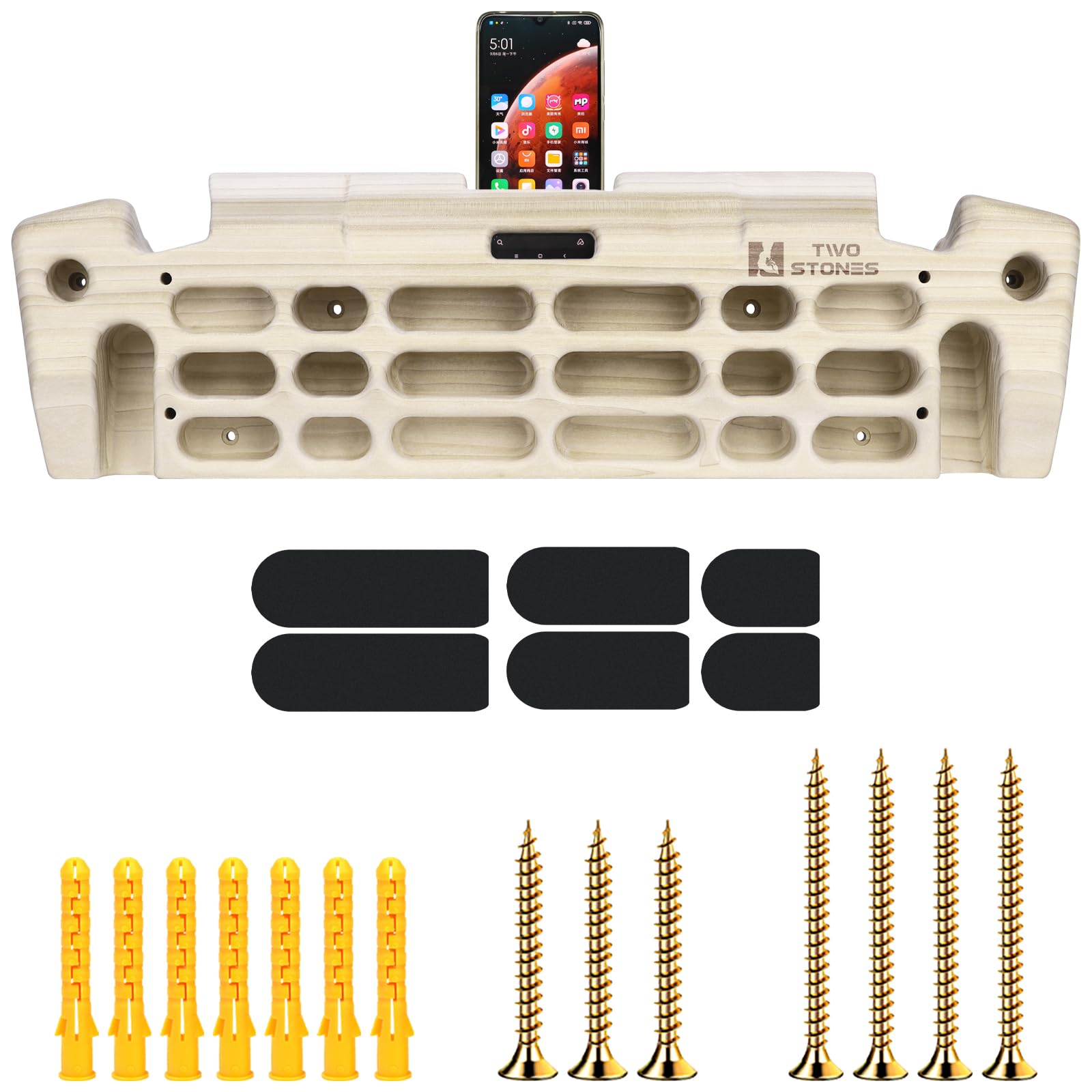 Hangboard Rock Climbing Hangboard with Phone Holder,Band Holder, Jugs, Cracks, Pinches, Pockets, Edges and Slopes; Wood Hang Board for Climbing