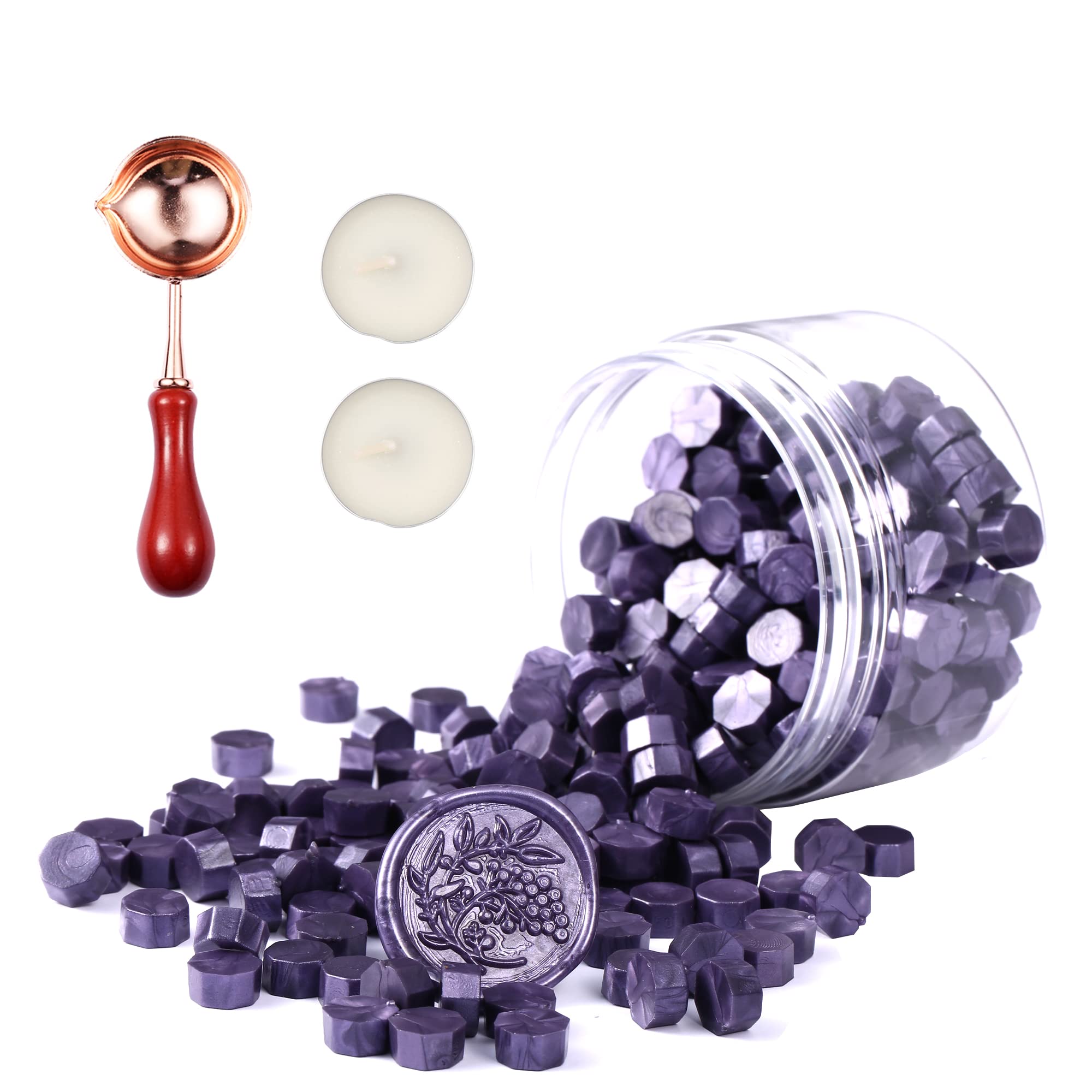 Comealltime 248 Piece Sealing Wax Melt Stamp Set, Octagonal Sealing Wax Beads with 2 Tea Lights & 1 Melting Spoon (Purple Sauce)