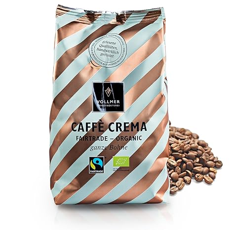 VOLLMER Caffè Crema in ganzen Bohnen - Premium Kaffee aus Privatrösterei - Bio Fairtrade Kaffeebohnen - Frisch und schonend g