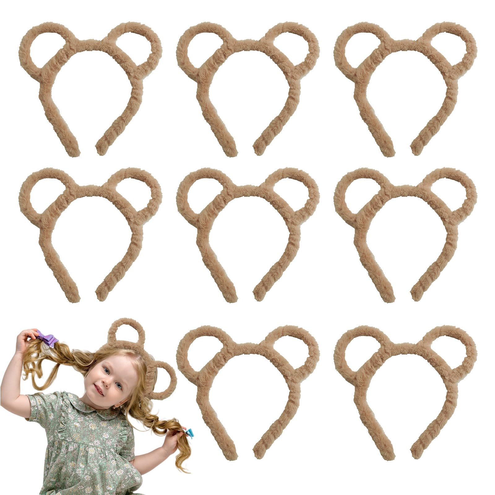FUIPVGI 8 Pcs Bear Ear Headbands, Halloween Chipmunk Hairband, Teddy Bear Ears Hair Band, Round Mouse Bear Ears Plush Hair Hoop, for Masquerade, Party, Daily Dress Up, Photography, Cosplay (Brown)