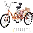 VEVOR Adult Tricycles Bike, 20 Inch Three-Wheeled Bicycles, 3 Wheel Bikes Trikes, Aluminum Alloy Cruiser Bike with Basket & Adjustable Seat, Picnic Shopping Tricycles for Seniors, Women, Men (Orange)