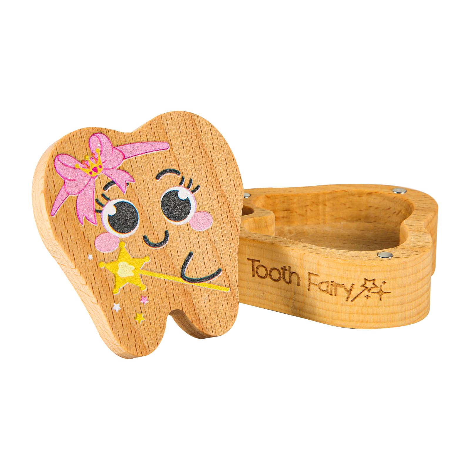 Photo 1 of XIHIRCD Tooth Fairy Box, Wooden Tooth Keepsake Box Magnetic Tooth Holder Cute First Tooth Storage Box Tooth Shape Birthday Souvenir Gift for Lost Teeth (Engraved Women's Style)