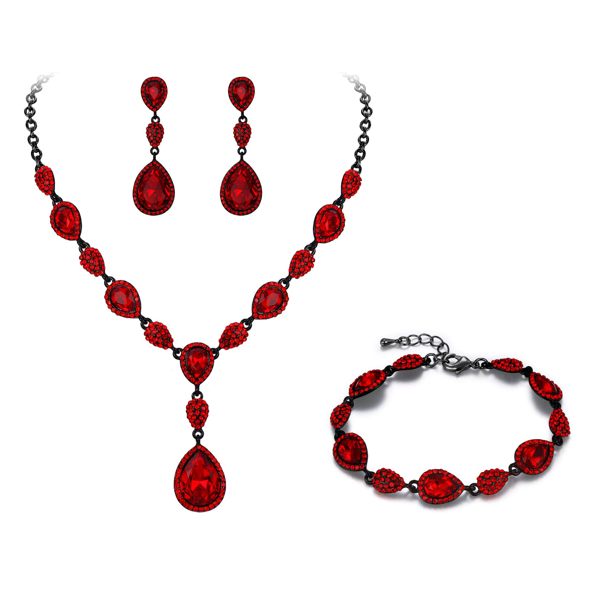 Clearine Gemstone Diamante Teardrop Wedding Bridal Costume Statement Y-Necklace Dangle Earrings Tennis Bracelet Set for Women Black-Toned Red Ruby Colour