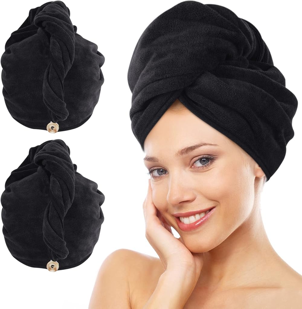 KinHwa Microfibre Hair Towels Wrap 2 Pack 30x70cm Black Large Dry Hair Turban