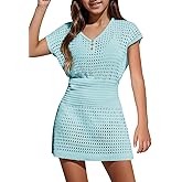 Haloumoning Girls Crochet Swim Beach Cover Up Kids Fashion Button Short Sleeve Swimsuits Cover Ups 5-14 Years