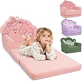 TinyPalsa Kids Couch, Convertible Sofa to Lounger Fold Out, Pink Magical Pony Design Chair for Toddlers 1-3, Gift for Birthday, Movie Night