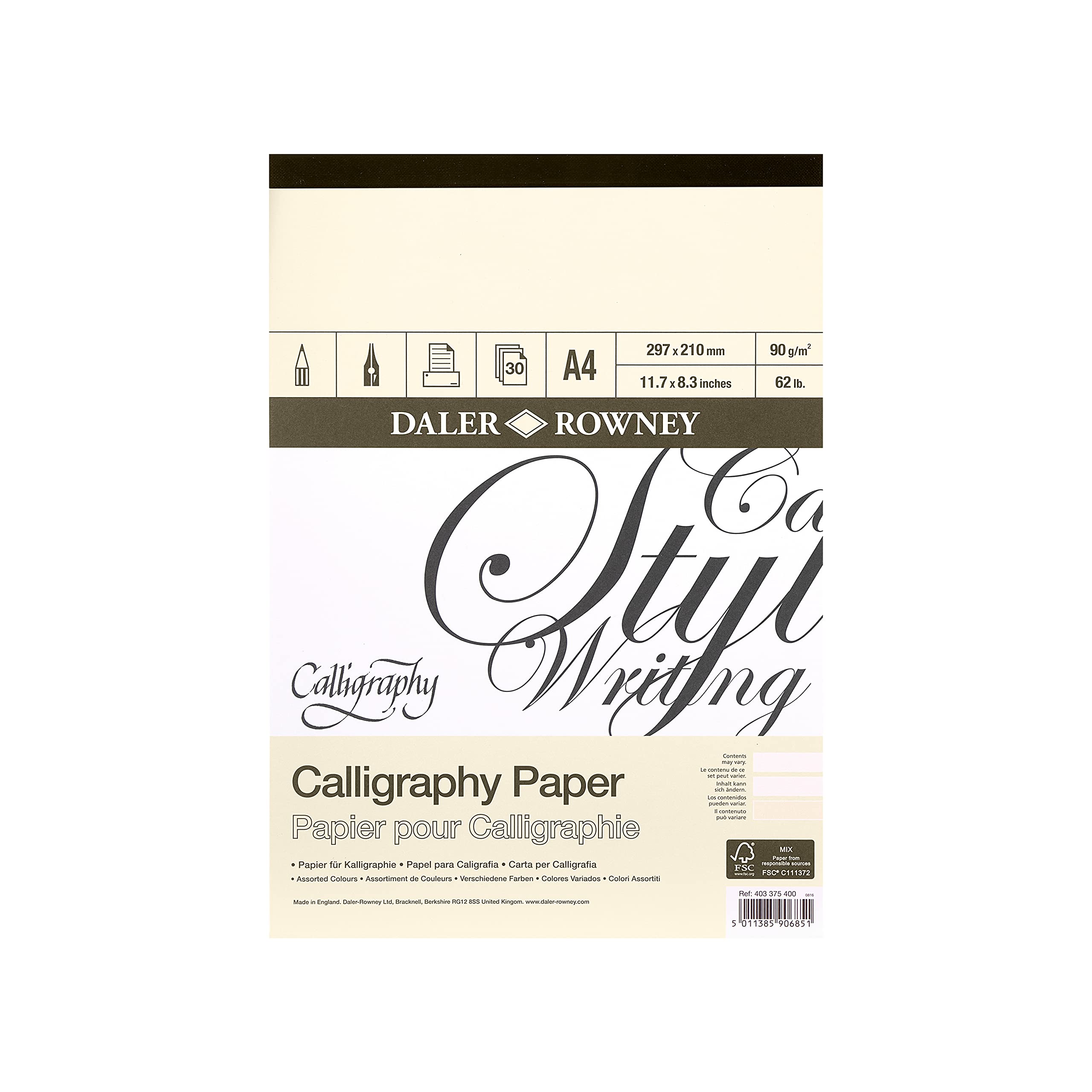 Daler-Rowney Calligraphy Drawing 90gsm Parchment Texture A4 Paper Pad, Glued 1 Side with 30 Sheets, 3 Assorted Colours, Ideal for Professional Artists & Students