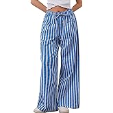 Kissonic Women Striped Pants Casual Drawstring Wide Leg Trousers Loose Lounge Pajama Pants with Pockets