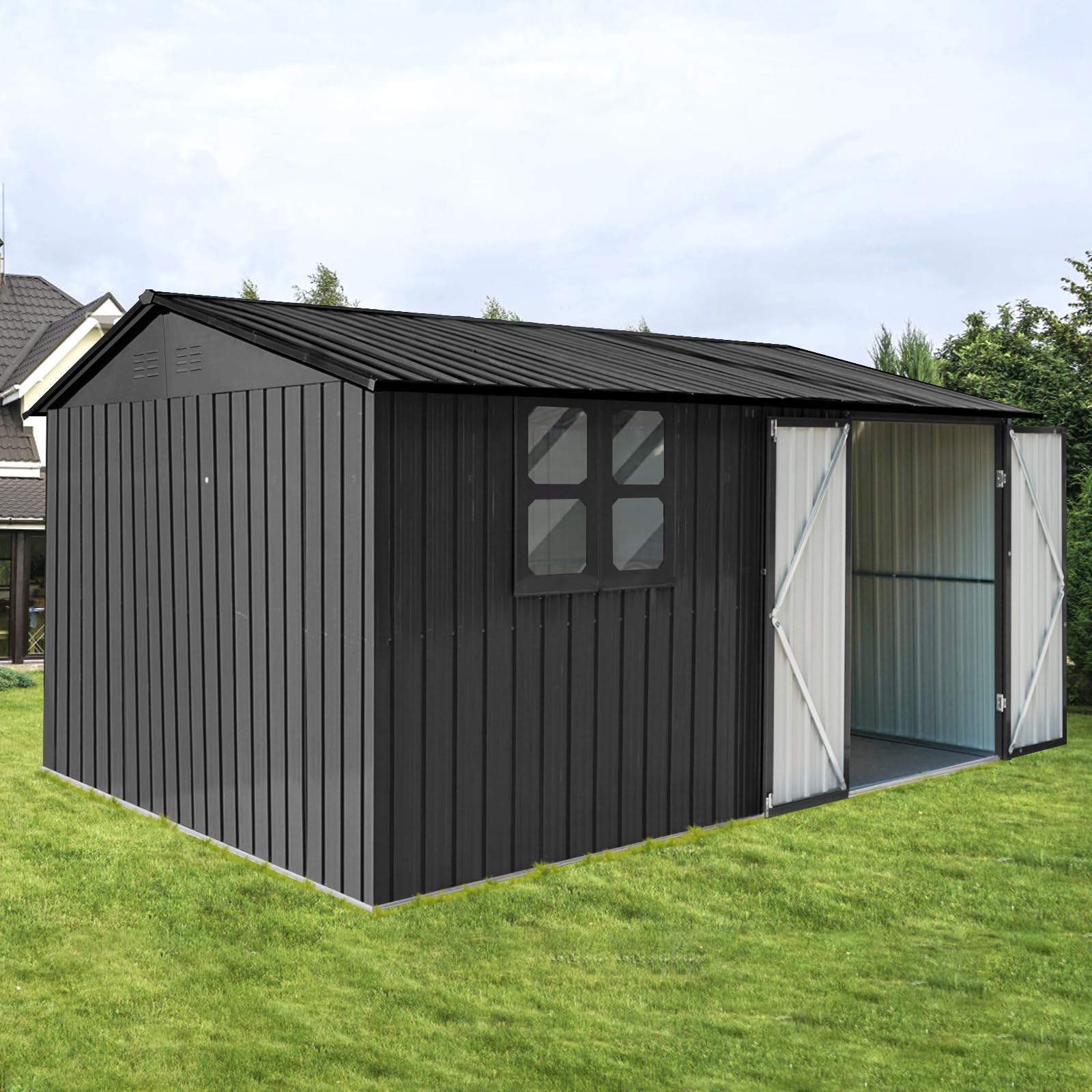 Photo 1 of YOPTO 12x10 FT Outdoor Storage Shed,Metal Shed W/Window & 2 Vents,Garden Tool House W/Apex Roof and Lockable Doors,for Backyard Patio Lawn,Black