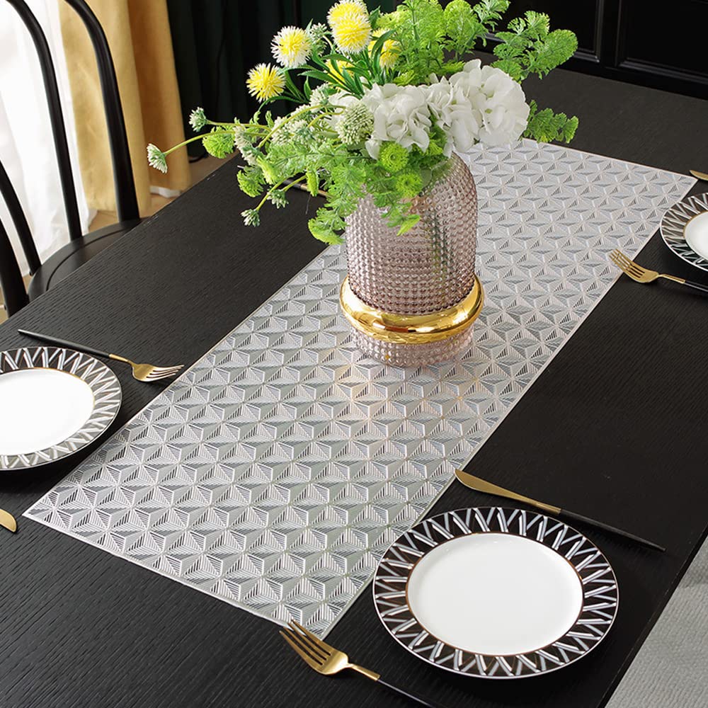 Hosoncovy PVC Hollow Table Runner Non-slip Decorative Table Mats Placemat for Home Party Kitchen Dining Wedding Decor (90CM X 33CM) (Silver)