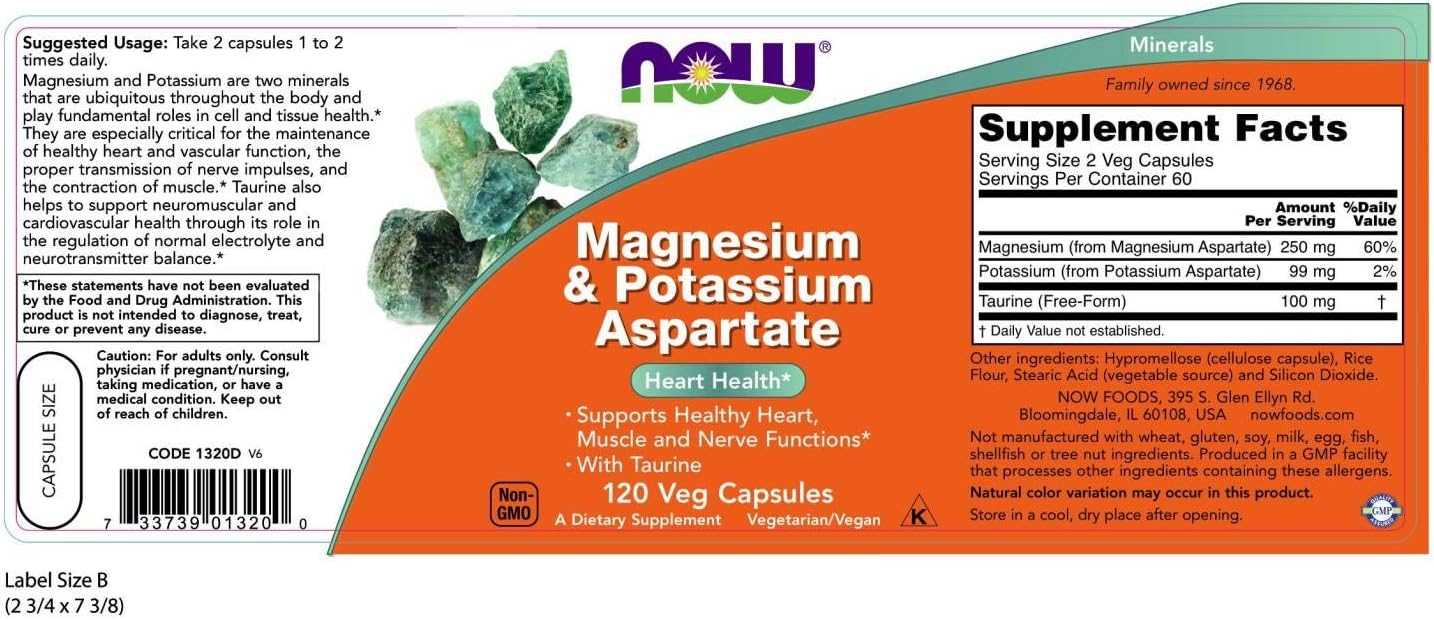 NOW Supplements, Magnesium & Potassium Aspartate with Taurine, 120 Veg Capsules: Health & Personal Care