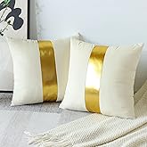 Artscope White Beige Velvet Throw Pillow Covers with Gold Leather Stitching Luxury Modern Minimalist Square Pillowcase Cushion Covers for Bed Couch Sofa 18x18Inch Set of 2