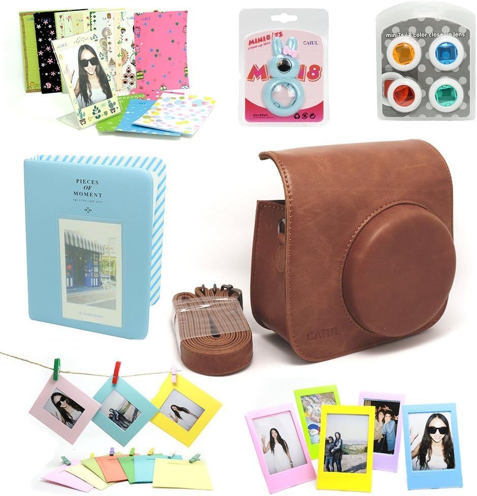Gmatrix Fujifilm Instax Mini 8 Instant Camera Accessory Bundles Set (Included: Cream Mini 8 Vintage Case Bag/ Cream Instax Mini Book Album / Brown Rabbit Design Mini 8 Close-Up Lens(Self-Portrait Mirror)/ Colorful Close-Up Lens For Mini 8/ Wall Decor Hanging Frame/ 3 Inch Photo Frame/ Colorful Decor Sticker Borders)