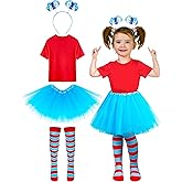 Blue Tutu Cosplay Set, 4PCS Tulle Tutu Skirt Ponytail Headbands Blue Red Striped Gloves High Knee Socks Girl Costume
