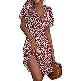 ETCYY NEW Womens Summer Dresses Slant Open V Neck Floral Printed Sundresses Flowy Dress Short Sleeve