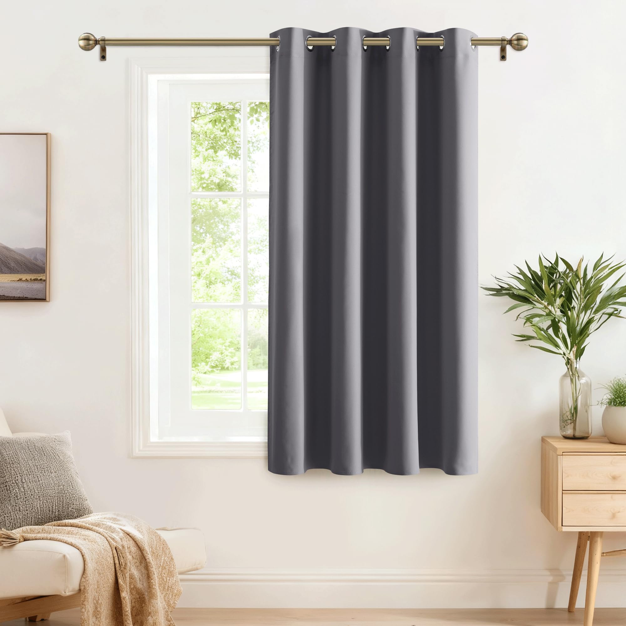 PONY DANCE Grey Blackout Curtain - Kitchen Curtains Sold as 1 Panel 52 x 54-inch Short Caravan Curtain Super Soft Solid Small Window Ring Top Window Panel for Bedroom Nursery Home Indoor