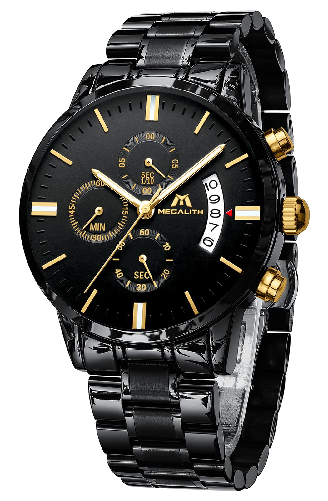 MEGALITH Chronograph Mens Watches Black: Waterproof Luminous Hands Date for Men Stainless Steel Strap - Stylish Wristwatch for Him Work Casual Daily Wear