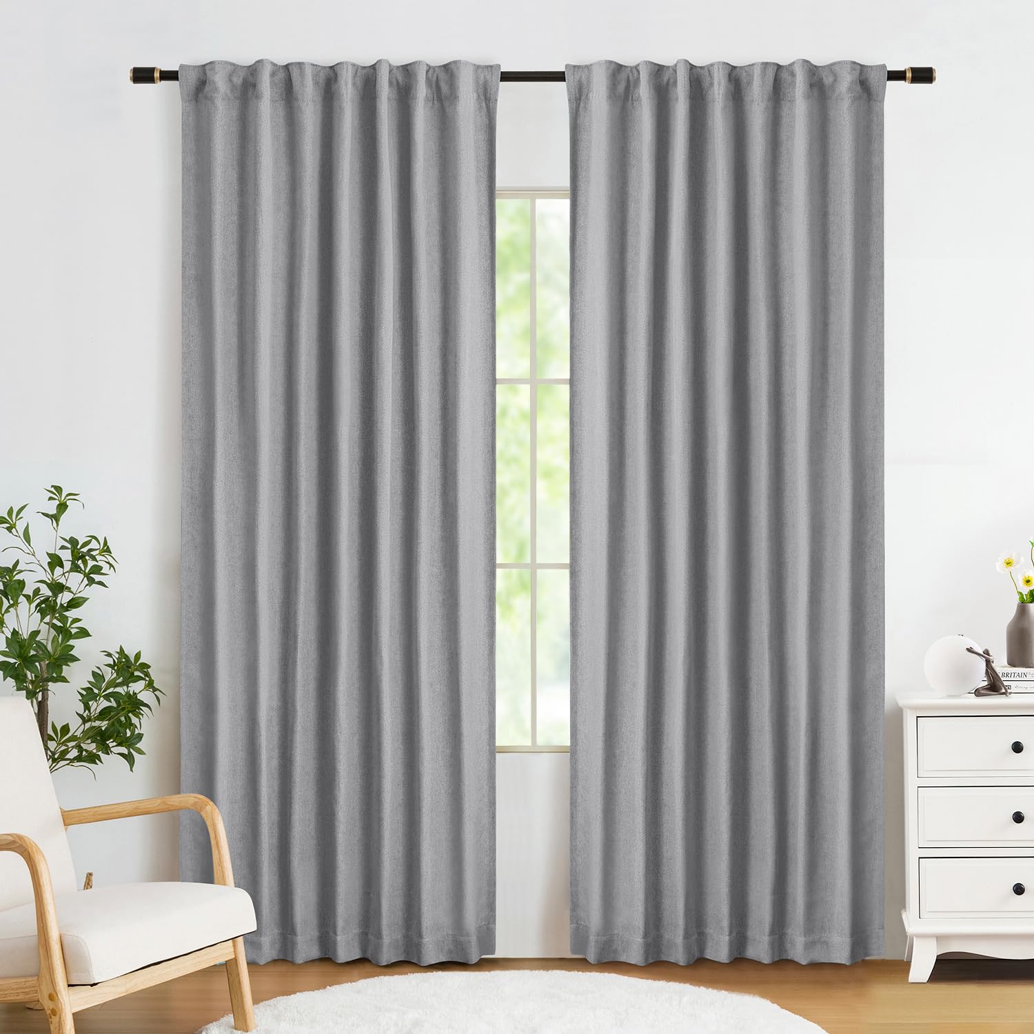 Abstractex Grey Full Blackout Curtains 54 Inch Long for Bedroom, Linen Textured Back Tab Thermal Insulated Drapes Rustic Farmhouse Rod Pocket Window Treatments for Living Dining Room 52" W 2 Panels