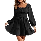 Florboom Women's Adjustable Square Neck Drawstring Dress Puff Long Sleeve Smocked Waist Mini Dresses