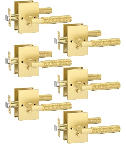 EHOMEWARE 6 Pack Passage Door Lever Handles – Gold Wave Design, Keyless Interior