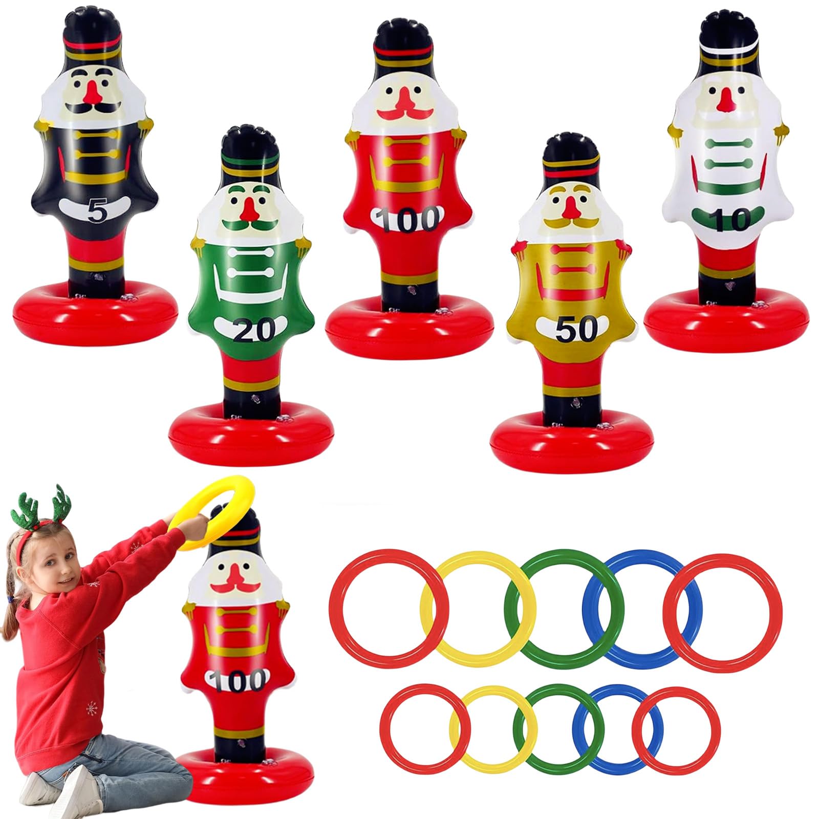 15pcs Christmas Party Ring Toss Game Inflatable Nutcracker Rings Toss Toys,Xmas Party Toss Games Target Toy Christmas Games for Kids,Adults,Indoor Outdoor Family Xmas Fun Games Parties Favors — image 1