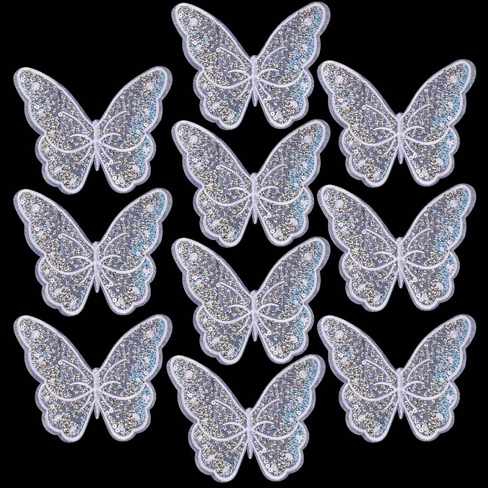 GORGECRAFT 10Pcs Butterfly Embroidery Patches Sew On White Sequin Butterflies Patch Polyester Ornament Accessories for Wedding Dress Clothes Dress Hat Jeans Sewing Butterfly Applique
