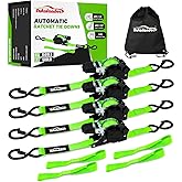Autofonder Retractable Ratchet Straps with Soft Loops(4 Pack)-(1,500lb Break Strength) -1 Inch x 12 Feet Heavy Duty Auto Self Retracting Tie Down Strap for Truck, Cargo Trailer, Motorcycle, Rad & More